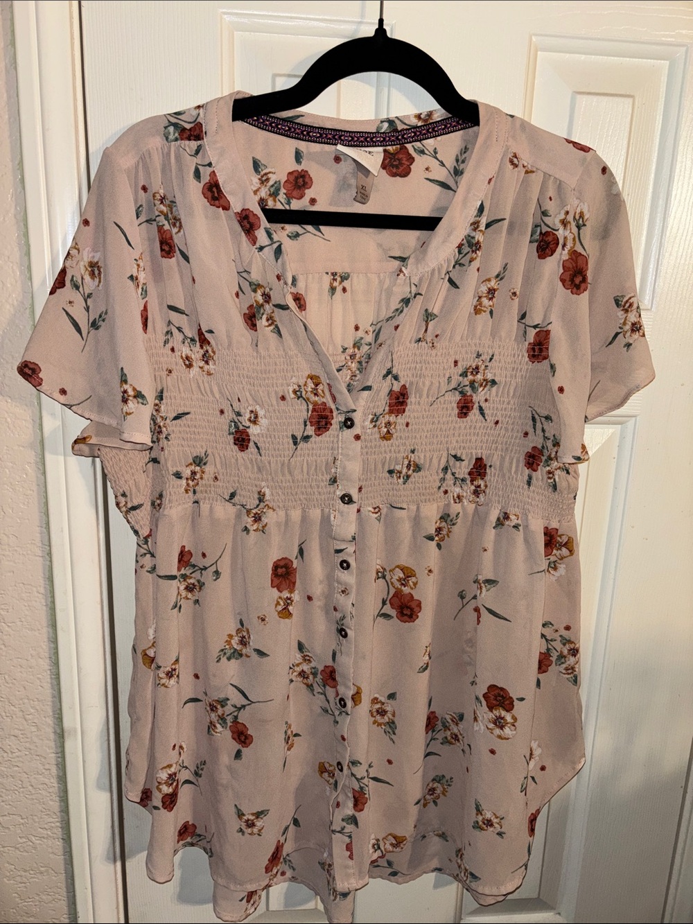 Knox Rose Floral  Smocked Button-Front Women’s Top - Blush Pink XL EUC
